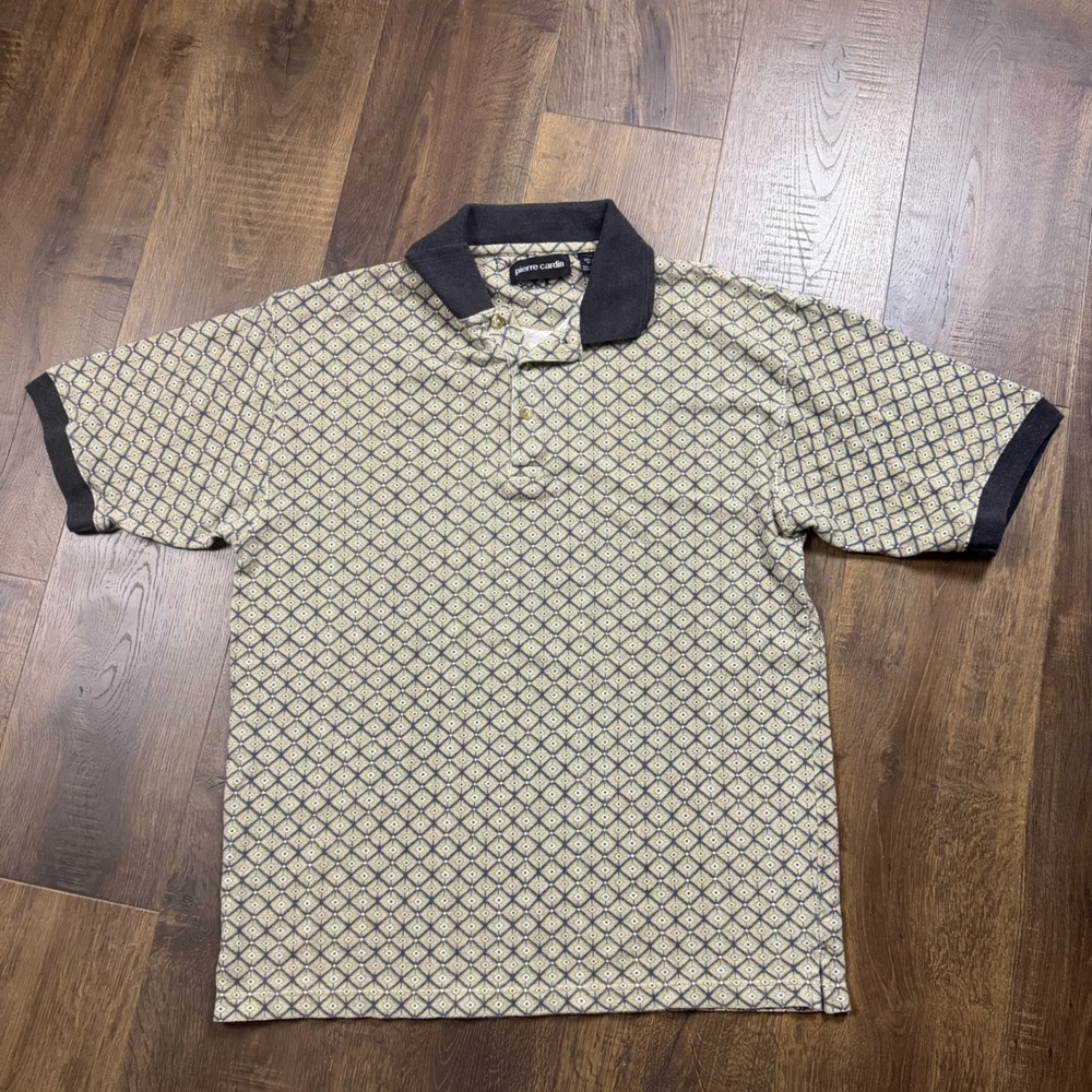 Vintage Y2K Pierre Cardin Geometric Print Polo Shirt Men's Black Tan Golf Size L